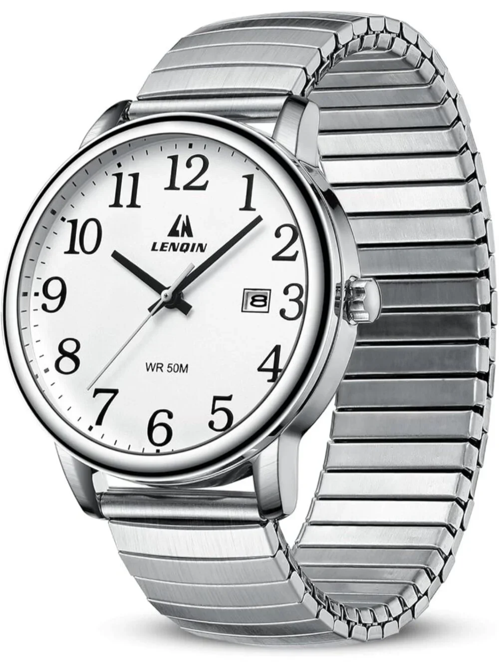 Men's Silver Analog Quartz Stainless Steel Easy Reader Waterproof Wrist Watch